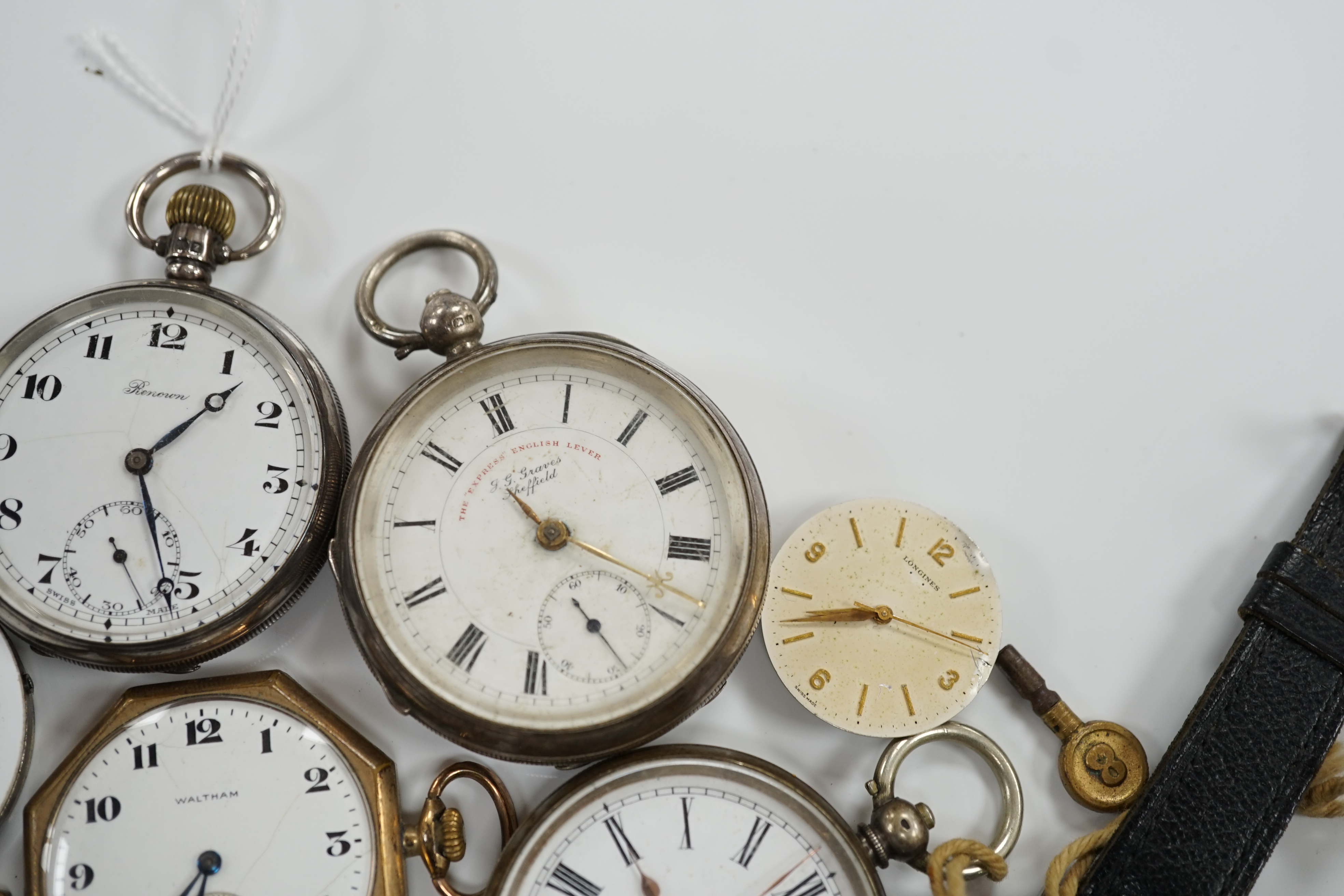 A small group of assorted pocket watches including silver and wrist watches including movements.